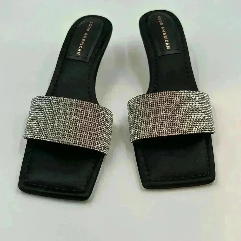 🆕 with box Good American square toed rhinestone heeled slides size 9 - Picture 4 of 12